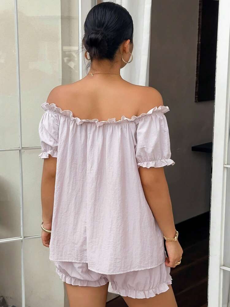 Dazy Plus Solid Color Chiffon Ruffle Trim Off-Shoulder Short Sleeve Loose Blouse Cute Elastic Waist Short Pajama Pants Plus Size Women Spring Summer Pajama Set