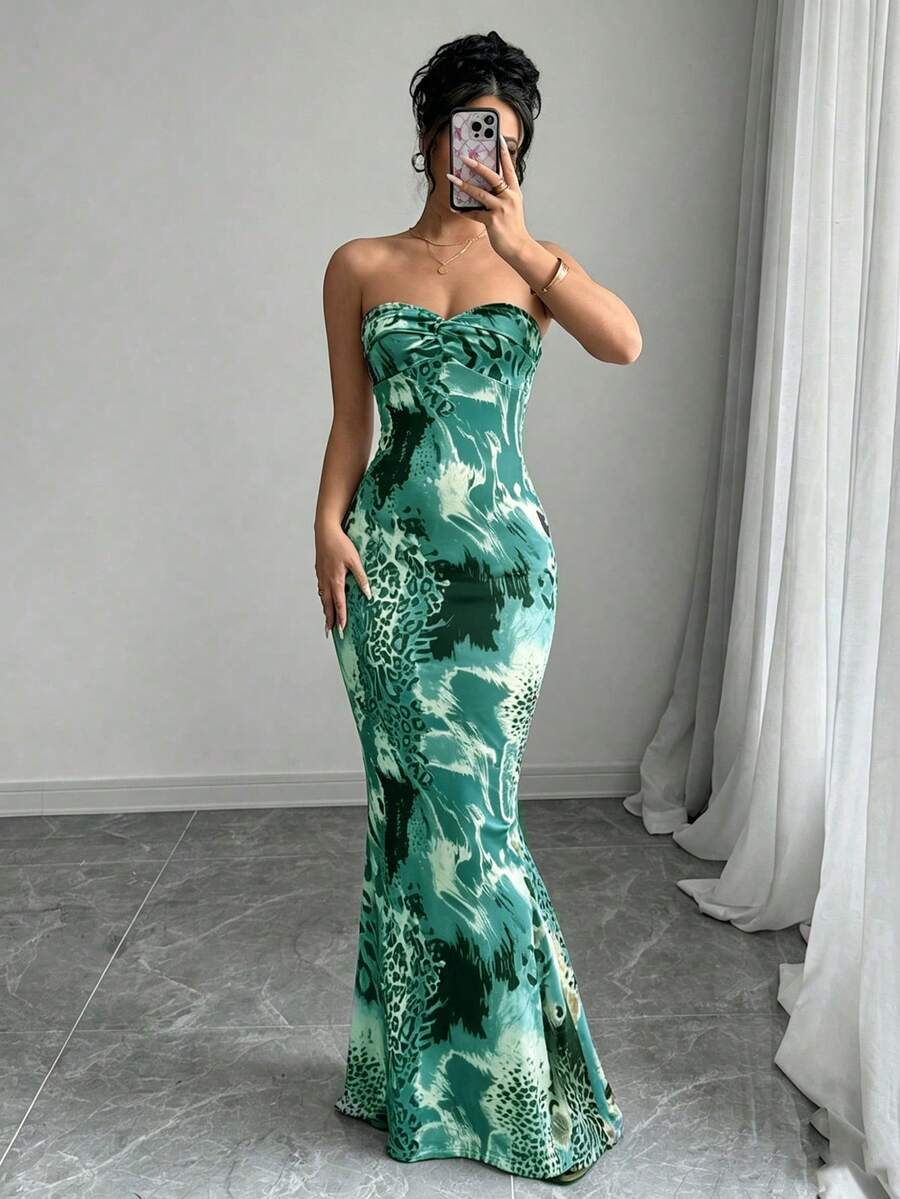 SHEIN Raffinéa 無袖平口扭轉露背鏤空綁帶貼身豹紋美人魚洋裝 - 彩色 - 查看 1