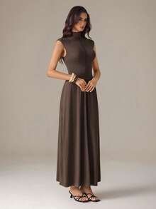 SHEIN Tall Women's Dark Brown Turtleneck Long Knit Dress, Tall Women Work Summer Elegant - Brown - View 3