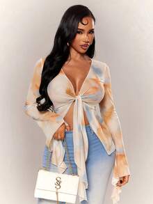Radiana Women's Autumn Sexy Elegant Chic Sheer Mesh Print Long Sleeve Top, Sexy V-Neck Top, Flare Sleeve Top, Flowy Mesh Top, Front Tie Closure Ruffle Hem Top, Elegant Top, Casual Top, Fashion Casual Sexy Tie-Dye Print Sheer Mesh Flare Sleeve Top, Tie Top, Suitable For Daily Casual Outings, Dates, Gatherings, Parties, Music Festivals, Vacations, Beaches, Holidays, Concerts, Carnival Parties, Versatile Top - Multicolor - View 7