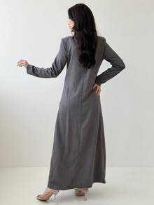 Yasmeen Edit Yasmeen Edit 女式条纹翻领长袖双排扣休闲阿拉伯长袍夹克 - 深灰色 - 查看 2