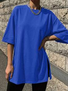EURMUSE Drop Shoulder Split Hem Tee - Blue - View 5