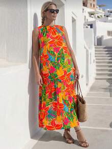 GlowEve CURVE Plus Size Women Tropical Plant Print Sleeveless Casual Dress Vacation Yellow Summer - Multicolor - View 3