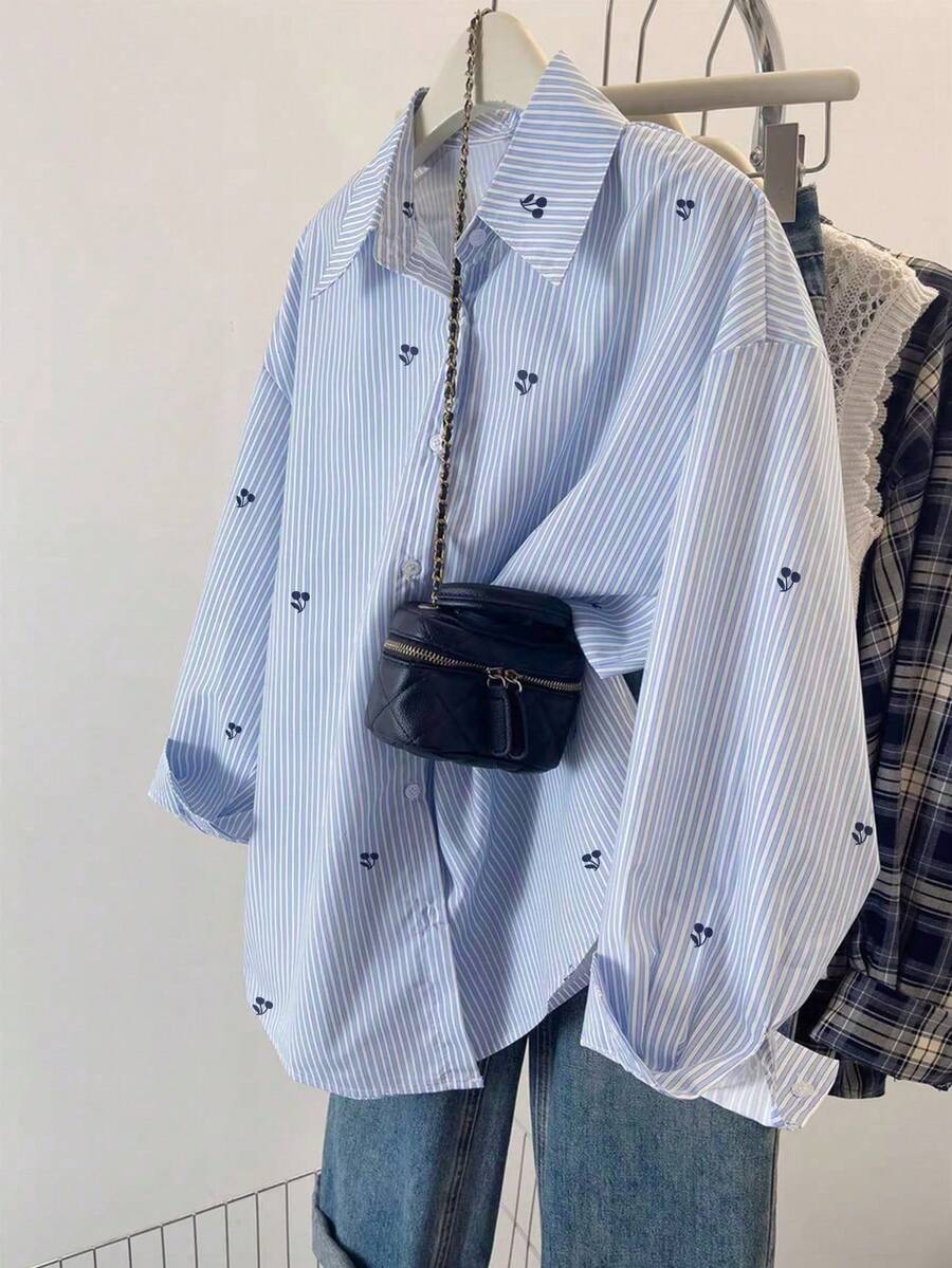 SHEIN Genkimix Kids 2025新款女童刺繡圖案長袖襯衫,秋季休閒上衣 - 彩色 - 查看 1
