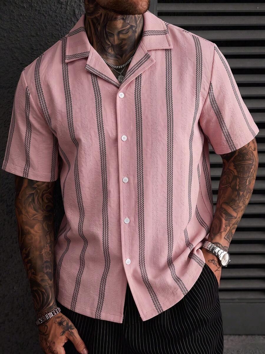 Manfinity CasualCool Men Casual Fashion Versatile Summer Button-Down Short Sleeve Striped Shirt - Pink - View 1