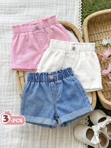 SHEIN 3件套女婴粉色、蓝色、白色牛仔宽松卷边短裤 - 彩色 - 查看 2