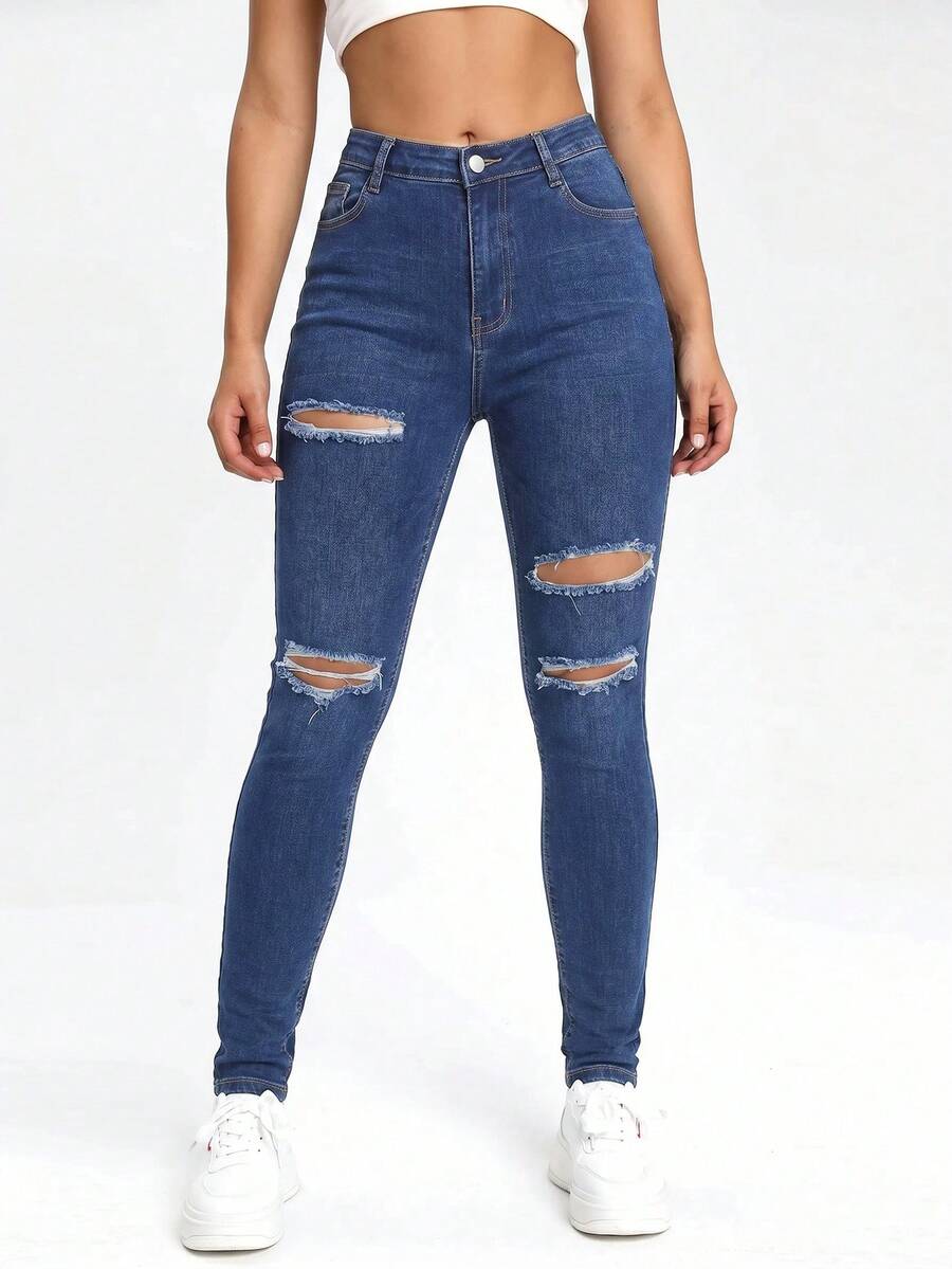 SHEIN EZwear Black Slant Pocket Ripped Skinny Jeans - Blue - View 1