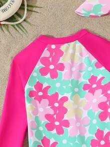 Baby Girl Floral Print Color Block Long Sleeve Romper Swimsuit And Hat Set Suitable For Summer Vacation - Hot Pink - View 4