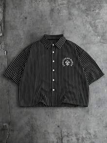 AXEPEAK Men's Striped Letter Print Short Sleeve Single-Breasted Casual Shirt - Black - View 3