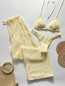 SHEIN Swim Chicsea 26SS 春夏度假海灘波希米亞風編織棕紅色比基尼泳衣附長褲 3 件組 - 黃色 - 查看 1