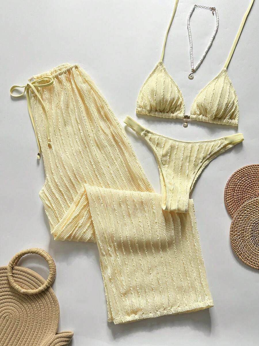 SHEIN Swim Chicsea 26SS 春夏度假海灘波希米亞風編織棕紅色比基尼泳衣附長褲 3 件組 - 黃色 - 查看 1