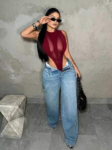 SHEIN SXY 酒紅色網格拼接性感透視連身衣，適合夜店外出的夏季穿搭 - 酒紅色 - 查看 3