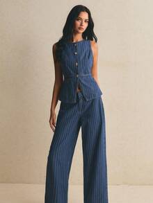 Poéselle Bộ đồ denim nữ phong cách tối giản gồm áo tank top sọc cài đơn và quần dài suông thoải mái thường ngày - Rửa tối - Xem 5