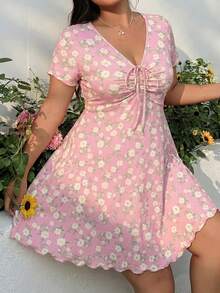 GalTyme Plus Size Women's Floral Print V-Neck Drawstring Ruched Short Sleeve Dress - Pink - View 5