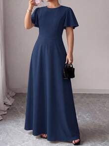 Elenzga Vestido Maxi Elegante Estilo Conmutador para Mujer Talla Grande Primavera/Verano, Estampado Floral Azul Marino, Manga Volante, Definición de Cintura, Efecto Estilizador. Adecuado para Oficina, Citas de Negocios, Salidas Diarias, Vacaciones, Ropa de Moda Estilo Conmutador Elegante. - Azul - Ver 1