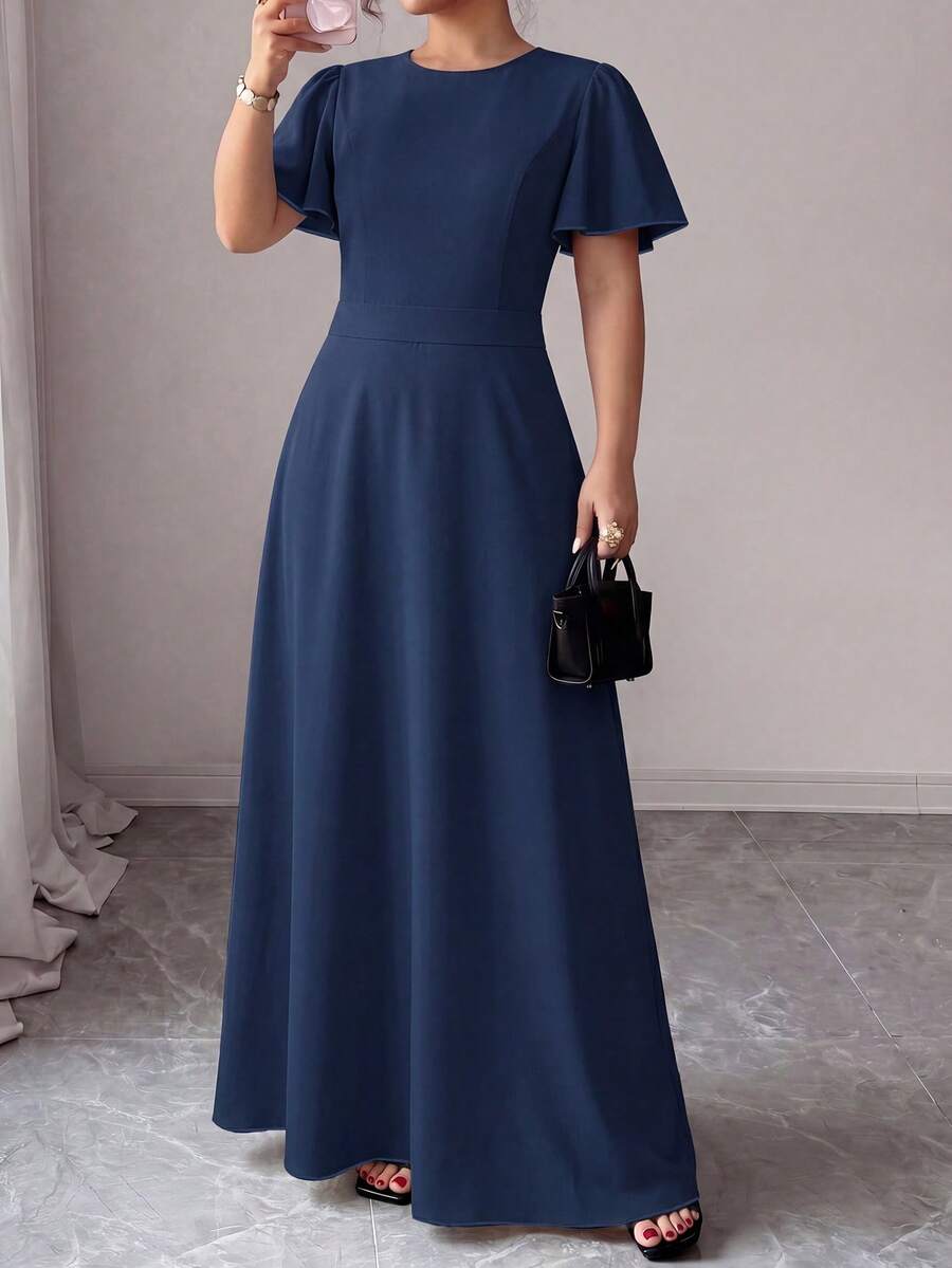 Elenzga Vestido Maxi Elegante Estilo Conmutador para Mujer Talla Grande Primavera/Verano, Estampado Floral Azul Marino, Manga Volante, Definición de Cintura, Efecto Estilizador. Adecuado para Oficina, Citas de Negocios, Salidas Diarias, Vacaciones, Ropa de Moda Estilo Conmutador Elegante. - Azul - Ver 1