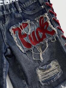 ROMWE Avant Quần short denim nữ kiểu dáng retro Y2K, chất liệu jersey, kiểu áo ba lỗ, có logo thêu, dây rút, cạp thấp, gợi cảm. - Rửa trung bình - Xem 4