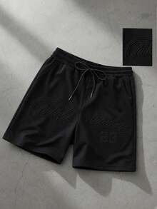 ROMWE MEN Men's Solid Color Drawstring Waist Casual Shorts, Spring/Summer - Black - View 1