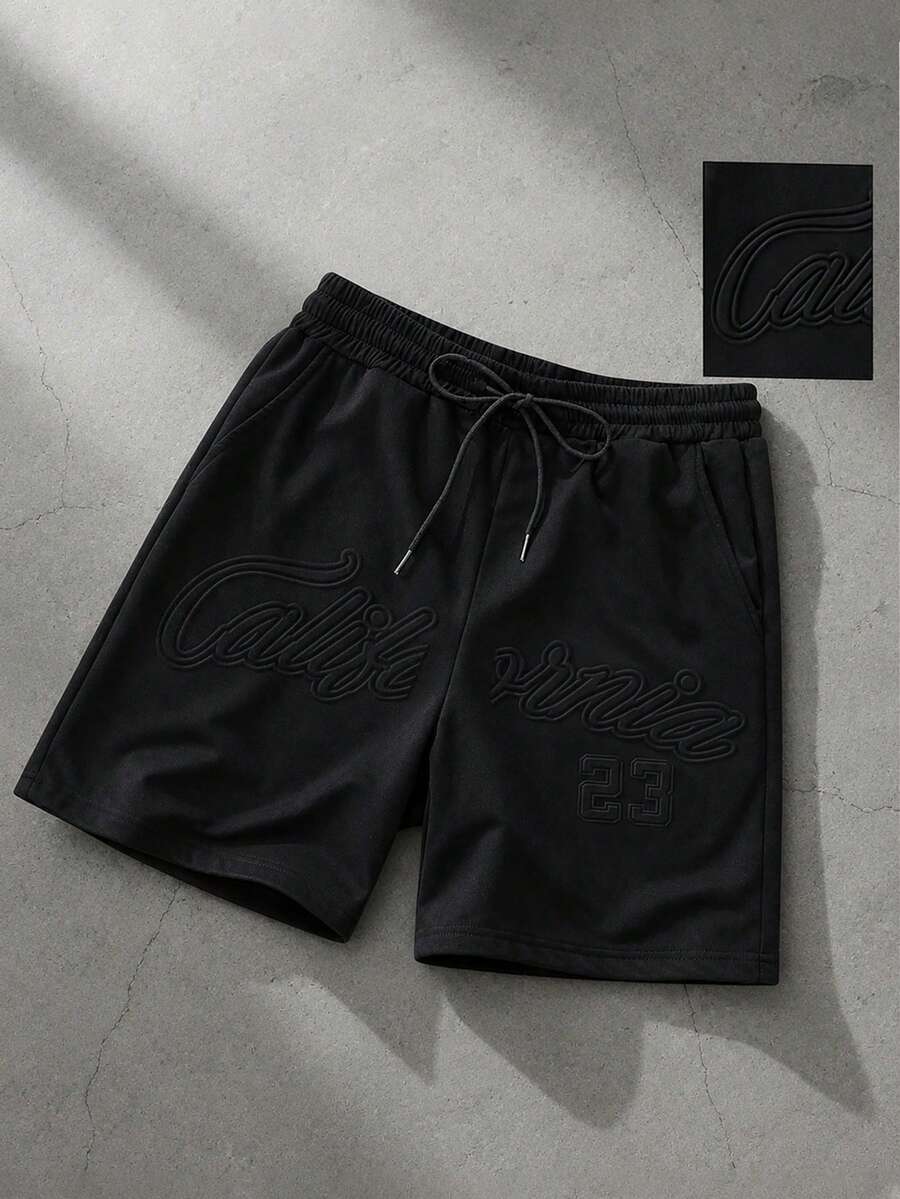 ROMWE MEN Men's Solid Color Drawstring Waist Casual Shorts, Spring/Summer - Black - View 1