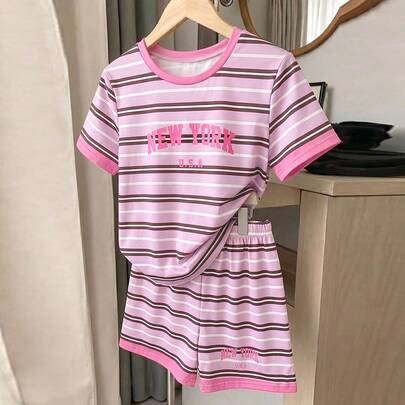 ガールズカジュアル快適ストライプ柄半袖Tシャツ+ショーツセット、夏の日常着に適しています