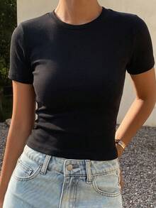 DAZY 女款夏季方領修身羅紋打底衫 極簡性感休閒短袖T恤 日常黑色 日間度假穿搭 - 黑色 - 查看 2