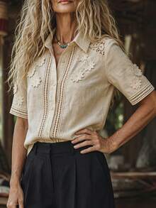 Zayélia Women's Lapel Short Sleeve Shirt, Lace Spliced Design, Button Decor, Casual Daily Commute Holiday Vacation Tops, Ladies Wear Cutout - Apricot - View 5