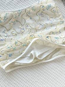 SHEIN Tween女孩黑色奶油黃白色波點白色花卉亮片休閒可愛裙子附內建內搭褲，度假秋季款 - 白色 - 查看 5