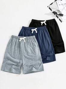SHEIN 3件組買2送1兒童青少年男孩休閒軟舒適百搭短褲套裝，運動服，抽繩黑色短褲，麻灰色短褲，綠色短褲，Y2K短褲，SS26，夏季短褲，夏季，適合春夏，外出，情人節，約會，旅行，度假，家庭聚會，開學季，婚禮季，晚餐，運動，生日派對 - 彩色 - 查看 3