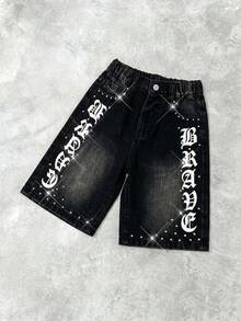 SHEIN 兒童小男孩 Y2K 萬聖節亮面字母圖案黑色丹寧寬鬆牛仔短褲，夏季/秋季，返校季，黑色 - 黑色 - 查看 6