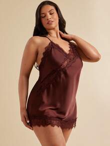 SHEIN BAE CURVE Plus Size Women's Sexy Deep V Slip Dress, Minimalist Lace Patchwork Hollow Out Alluring Nightgown - Brown - View 4