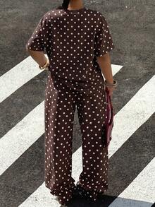 Muchica 2pcs/Set Plus Size Women Chocolate Brown Polka Dot Round Neck T-Shirt And Pants - Chocolate Brown - View 3