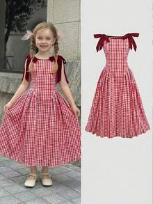 SHEIN LMoss Kids 少女休闲优雅格子圆领无袖连衣裙，配有可拆卸蝴蝶结，适合日常穿着。 - 紅白色 - 查看 6