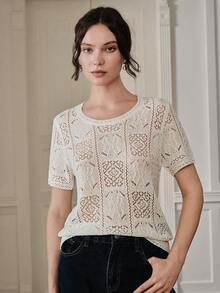 Anewsta White Lightweight Hollow Floral Decor Women's Casual Knit Short Sleeve Top - White - View 1