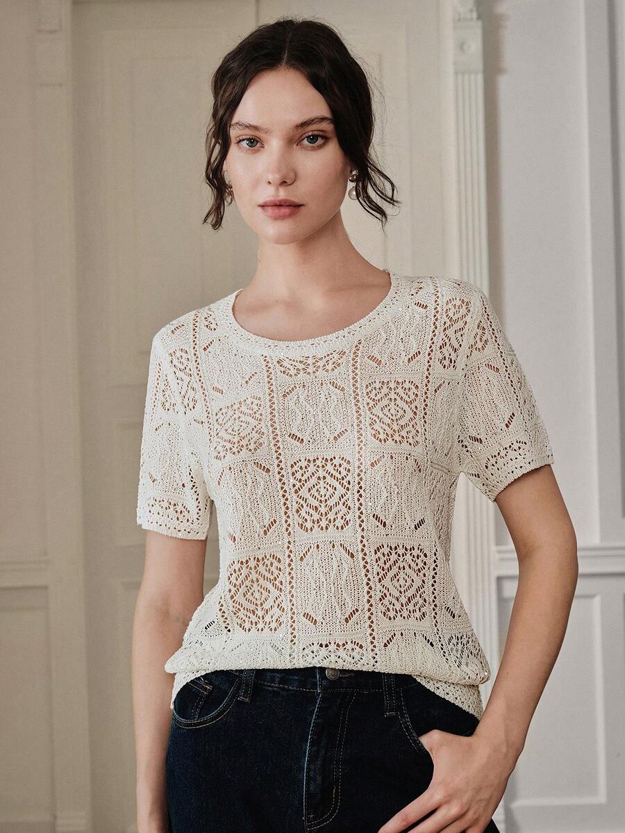Anewsta White Lightweight Hollow Floral Decor Women's Casual Knit Short Sleeve Top - White - View 1