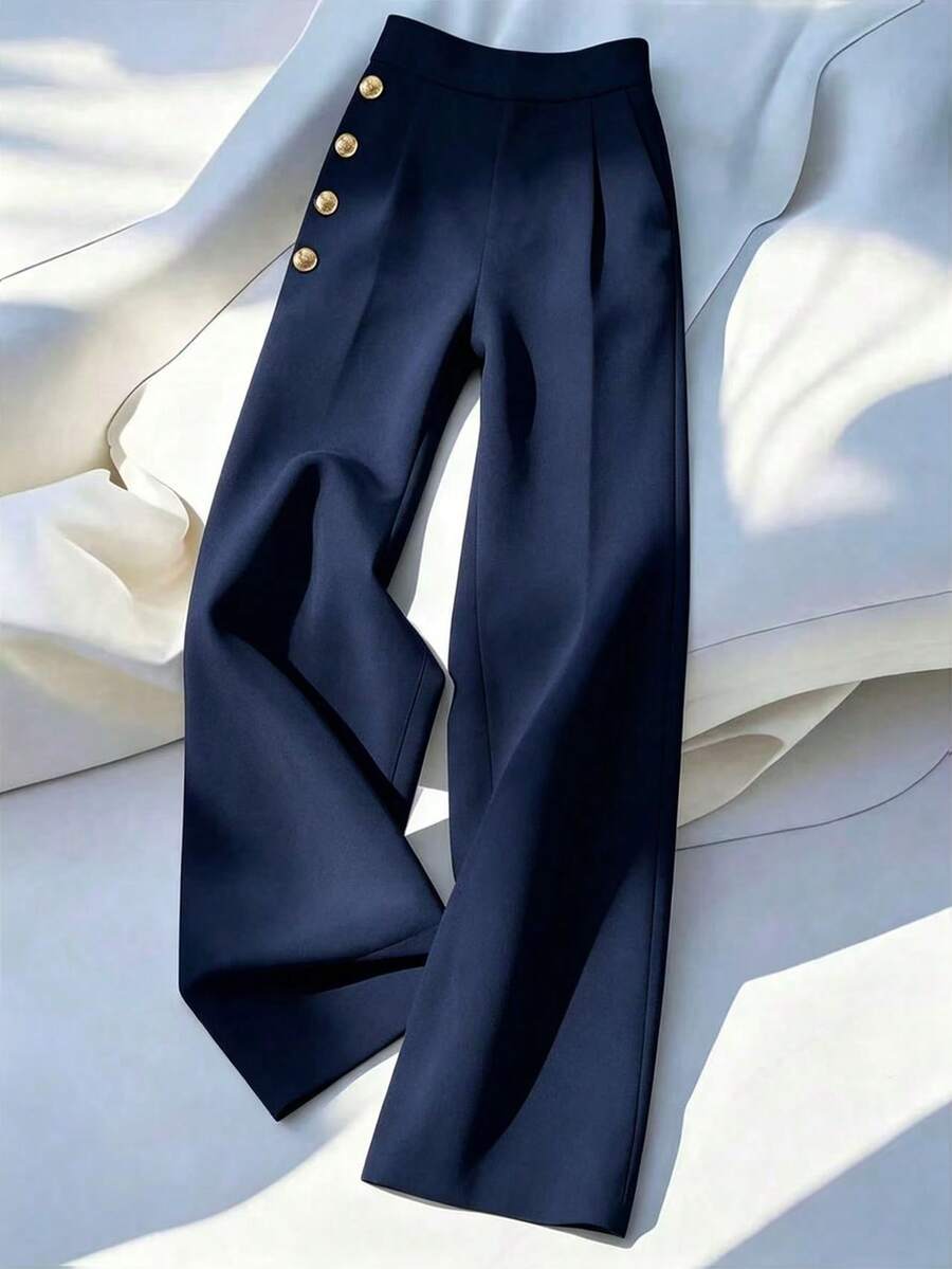 SHEIN Franclia Elegant French Style Woven, Solid White, Single Pocket, Single Button Design, Gentle And Refined, Easy To Match, Suitable For Commuting, Work, School, Workplace, Graceful And Refreshing, Feminine, Suitable For Formal And Casual Occasions, Classic Versatile Color, New Summer Women Pants - Navy Blue - View 1