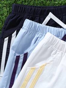 Souflis Souflis 3pcs/Set Toddler Infant Baby Boys Casual Pocket Elastic Waist Shorts, Decorative Rope, Side Stripe Design, Versatile All-Match Fit, Sun Protection, Cool Touch, Suitable For Daily, School, Vacation Travel, Sports - Purple - View 5