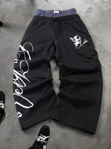 Manfinity Hypemode Pantalones de chándal para hombre con estampado de letras y patchwork a cuadros - Negro - Ver 6