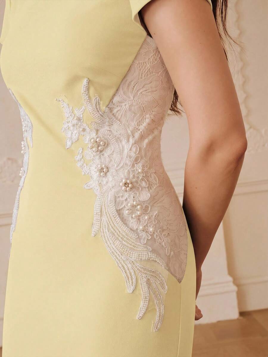 ZEYLAH Spring Summer Patchwork Position Embroidery Dress - Yellow - View 1