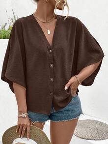 Ceyna Kemeja Wanita Ukuran Plus Elegan Warna Polos Kain Jacquard Bertekstur Leher V Lengan Dolman Dekorasi Kancing Liburan Pantai Musim Semi/Panas 2025 Desain Serbaguna Baru - Mocha Brown - View 5