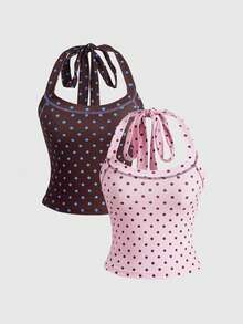 ROMWE Y2K Vintage Colorful Polka Dot Halter Neck Women's Tank Top - Pink - View 1