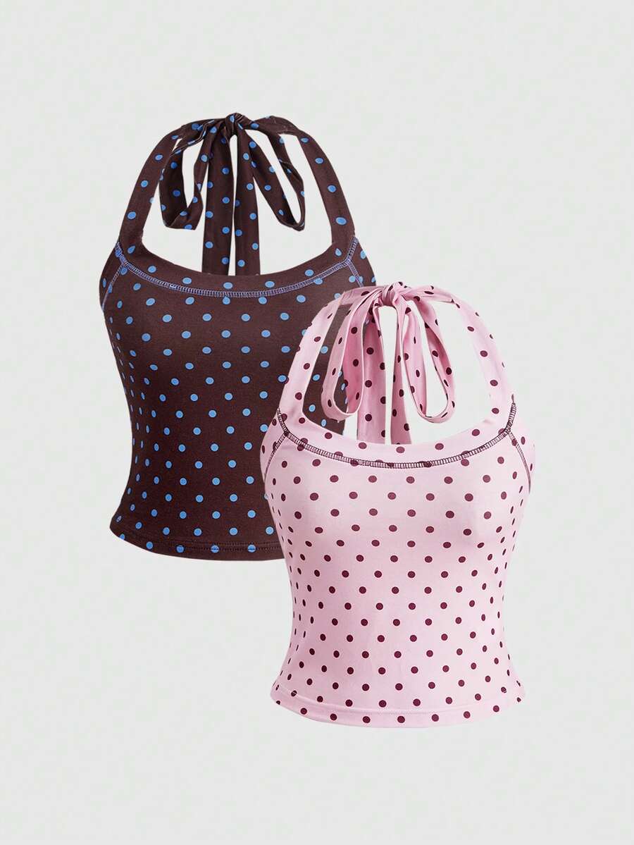 ROMWE Y2K Vintage Colorful Polka Dot Halter Neck Women's Tank Top - Pink - View 1