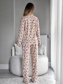 SHEIN 女款 2 件組 白色杏色鈕扣前開花卉圖案可愛家居睡衣套裝 - 杏色 - 查看 2