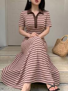 Modelyn Women's Spring/Summer Pink Knit Textured Striped Color-Block Brown Knit Button Polo Collar Cinched Waist A-Line Elegant Romantic Midi Dress - Multicolor - View 7