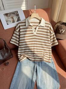 Comfortcana Striped Pattern Polo Collar Plus Size Short Sleeve T-Shirt Suitable For Summer Wear - Brown - View 3
