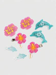 ROMWE Fairycore 8PCS Summer Tropical Flowers & Cute Dolphin Hair Clips, Hibiscus Hair Barrettes, Leisure Bangs Clips & Broken Hair Pins For Summer Vacation - Multicolor 5 - View 4
