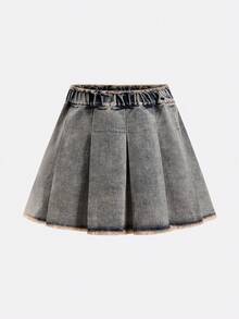 Rok Denim Vintage untuk Remaja Perempuan, Modis, Serbaguna, Nyaman, Kasual, Sederhana, dengan Pinggang Elastis dan Lipit. - Biru - View 3