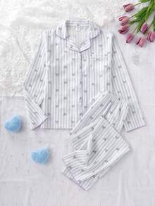 SHEIN 2件套少女杏色蝴蝶结印花长袖开衫和长裤，休闲舒适家居服 - 彩色 - 查看 5