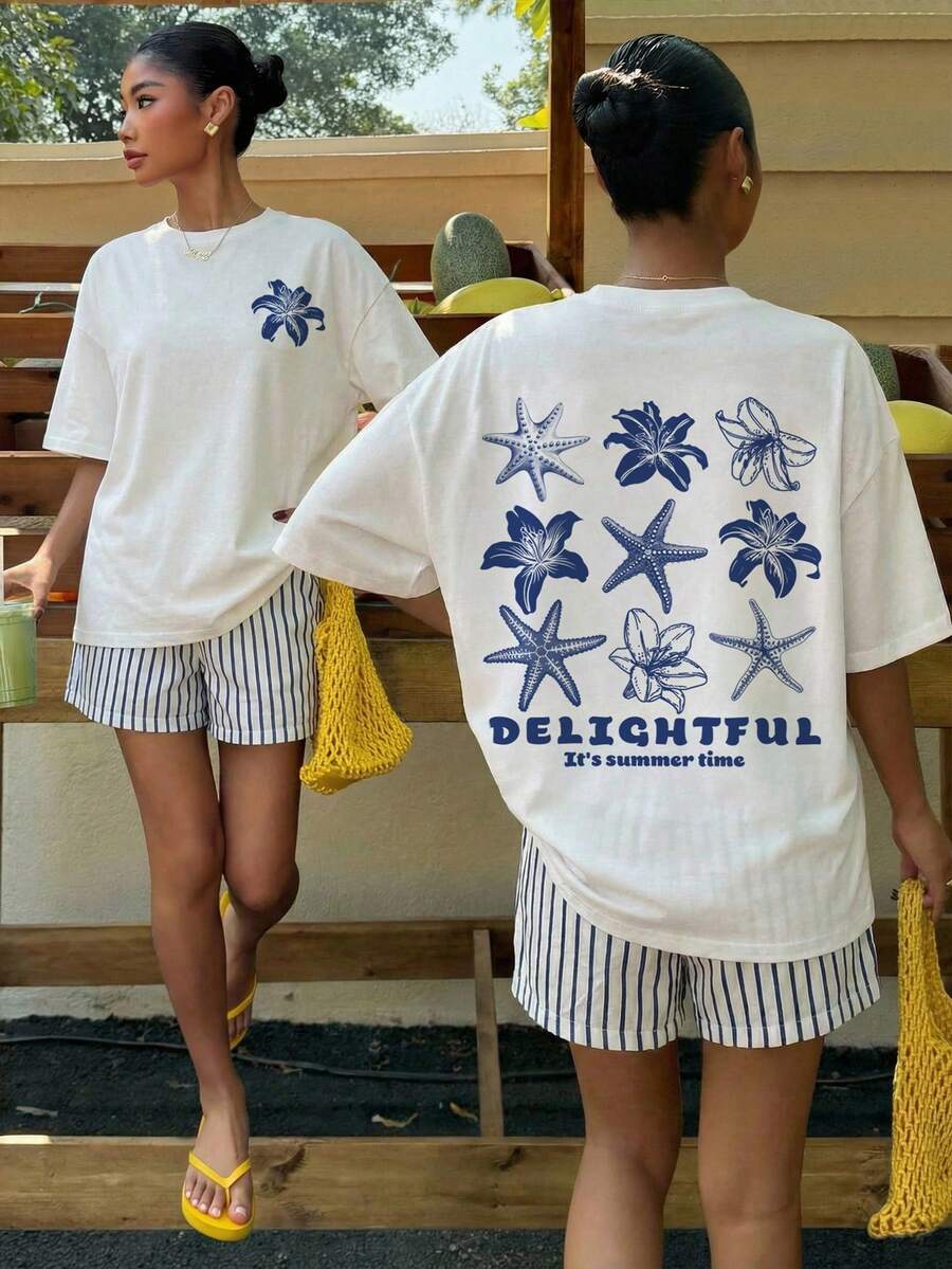 Muchica 女款夏季藍色字母熱帶花卉印花圓領短袖T恤與配套藍色條紋短褲休閒兩件套,適合春/夏季度假海灘 - 彩色 - 查看 1