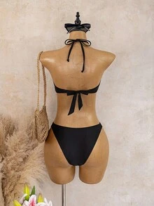 ROMWE Goth Top bandeau sin tirantes negro mate con textura, diseño de una pieza con abertura y hebilla de anillo con estrella, Bottom de bikini con cordones en la espalda, estilo American Hot Girl para fiesta, estilo americano para vacaciones de verano, discoteca, fiesta en la piscina, atuendo de nicho llamativo, elegante y juvenil para fotografía de viajes, look personalizado para check-in, estilo diario de vacaciones, cool y impactante - Negro - Ver 4