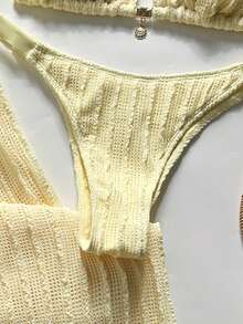 SHEIN Swim Chicsea 26SS 春夏度假海灘波希米亞風編織棕紅色比基尼泳衣附長褲 3 件組 - 黃色 - 查看 6